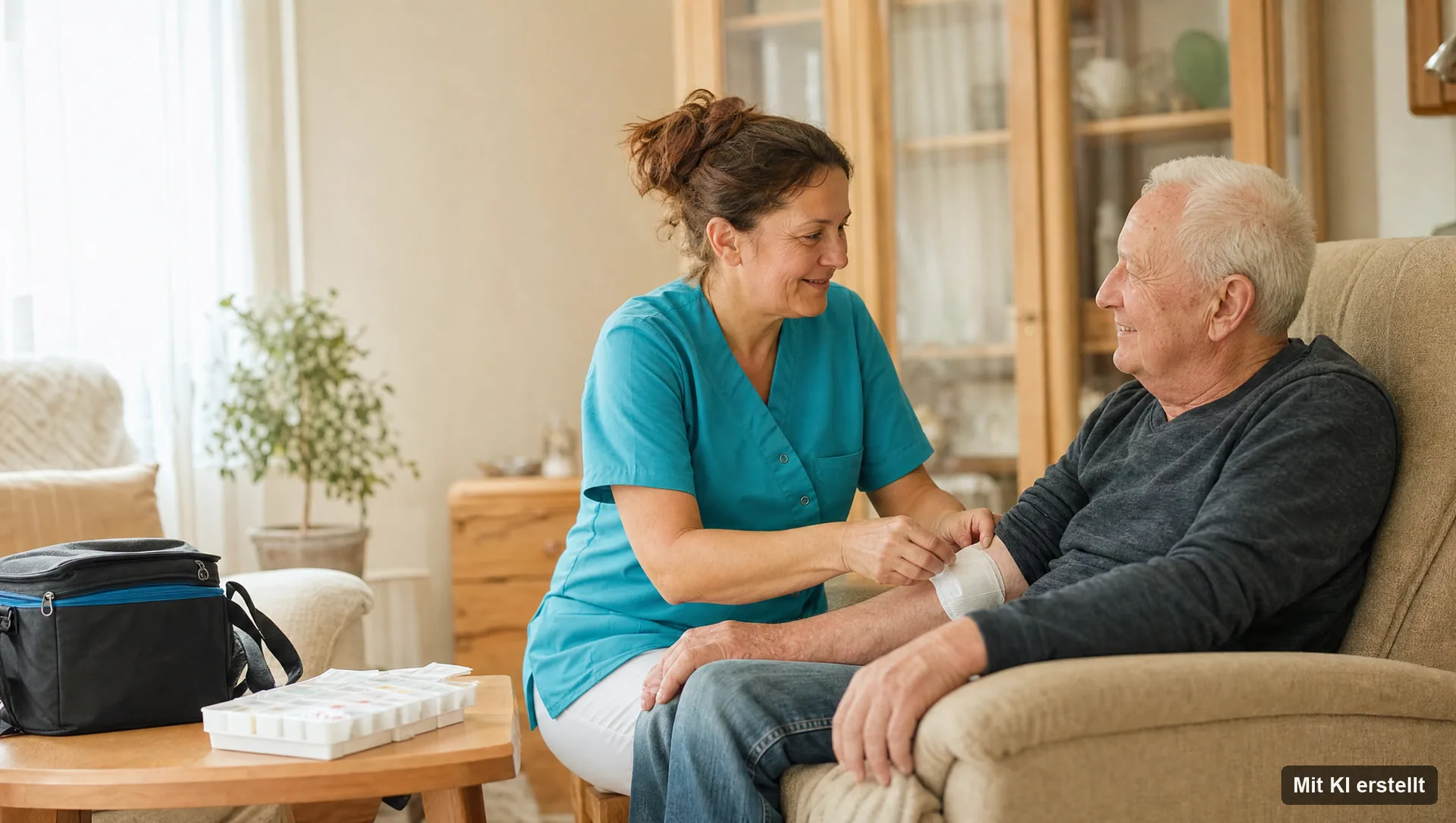Behandlungspflege zuhause Pflegefachkraft wechselt einem Senior im Wohnzimmer den Verband am Unterarm – Delme-Care, ambulanter Pflegedienst in Delmenhorst (mit KI erstellt)